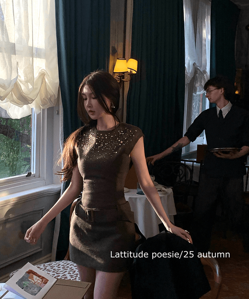 체크 큐빅 빅벨트 울 미니원피스