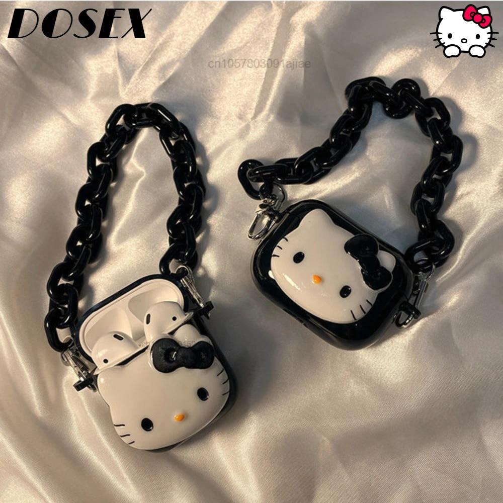 Sanrio-한국어 다크 스타일 헬로 키티 팔찌 에어팟 2 3 세대 헤드셋 케이스 프로, 블루투스 무선 이어폰 커버