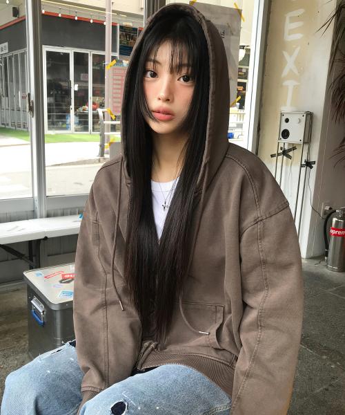 빈티지 피그먼트 2WAY 오버핏 후드 집업 [브라운]