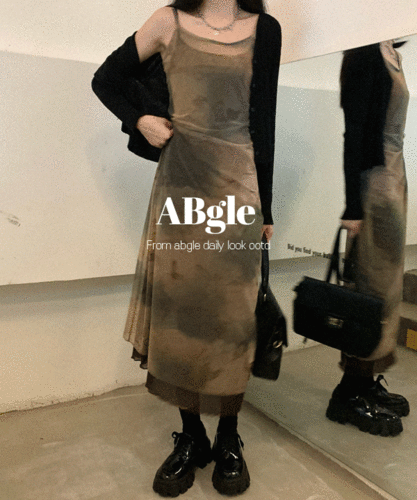 [무배] 아티스틱 메쉬 시스루 슬링 뷔스티에 플라워 끈나시 레이어드 이중 원피스 유넥 스퀘어 물결 OPS