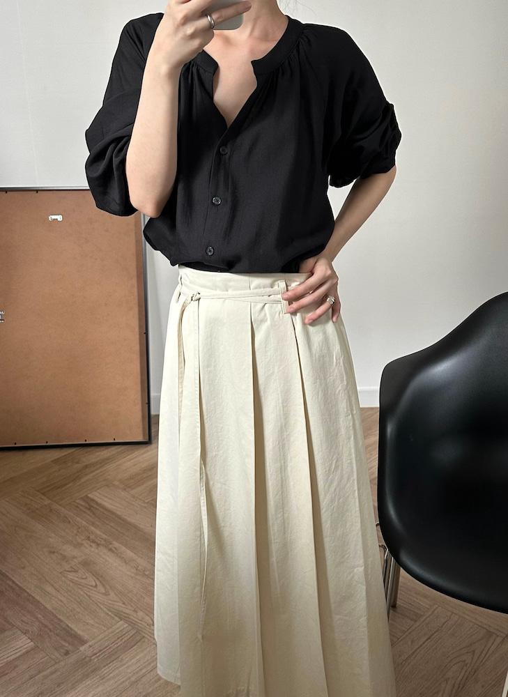옥토버 코튼 플레어 플리츠 주름 롱 스커트 / 크림, 베이지, 블랙