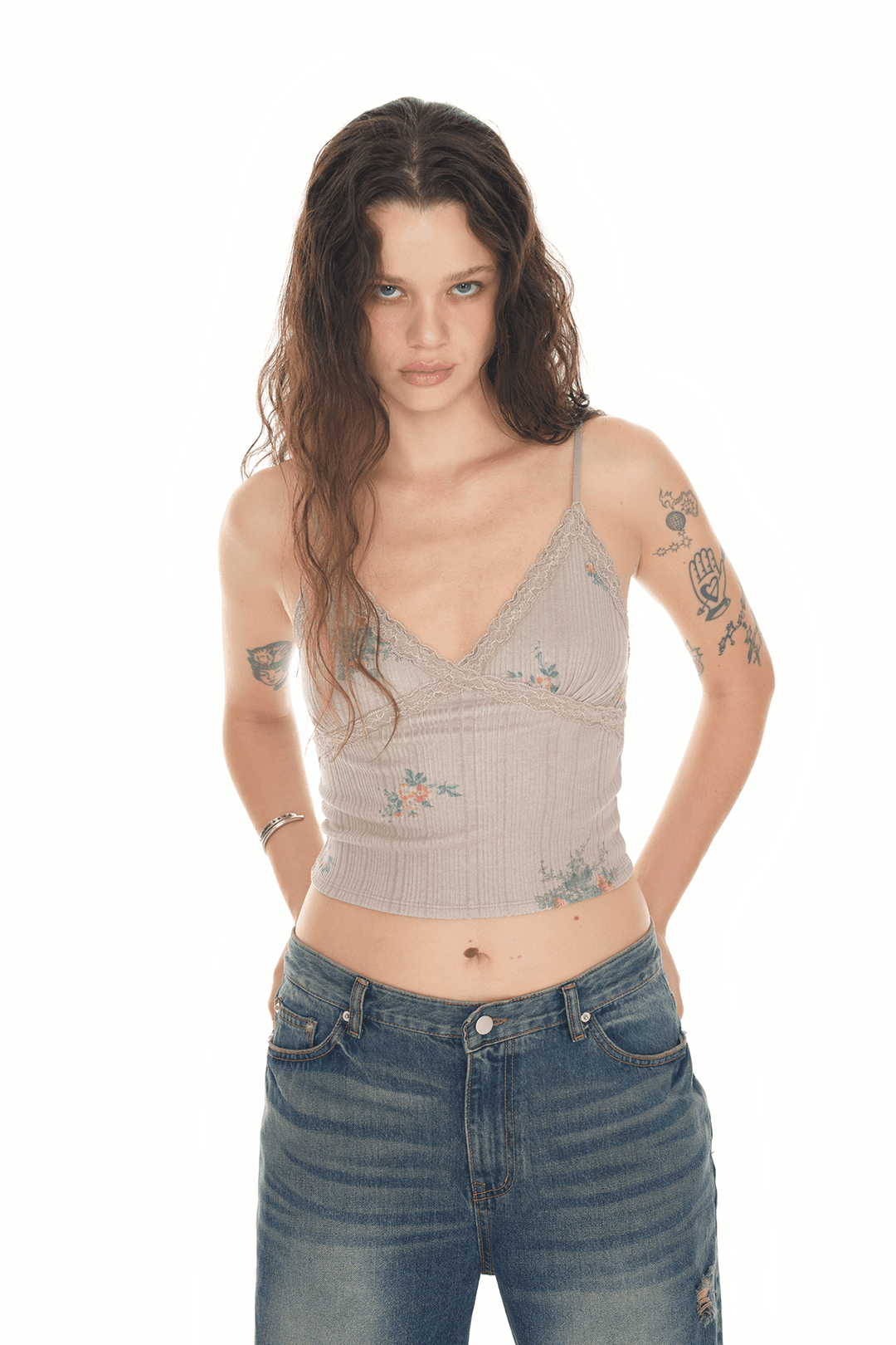 FLORAL LACE RIBBED CAMI TOP (BEIGE)