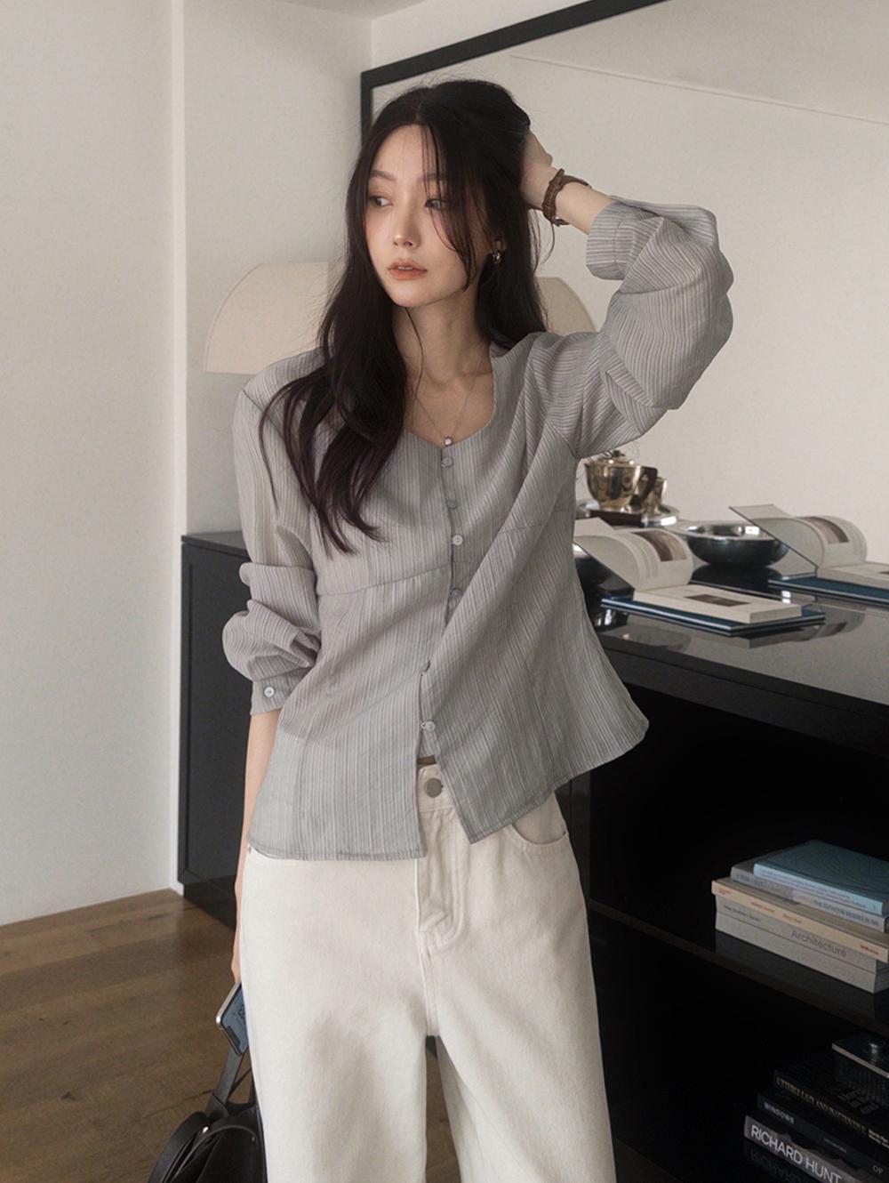 슬로우앤드 [하객룩추천!/무료배송] made. 뮤즈 스트라이프 블라우스 - 2 color