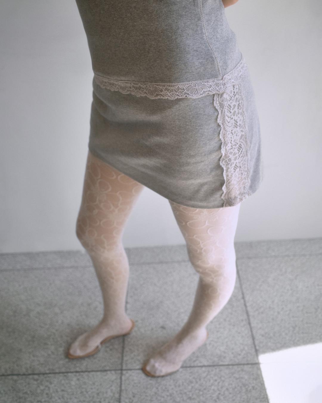 LACE TRIM PANTS SKIRT-MELANGE GRAY