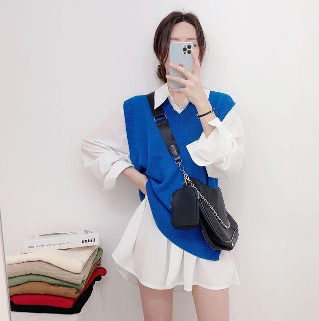 [*오늘!당일출고*색감대박!] 비비 니트 조끼 + 레이어드 셔츠 원피스 세트