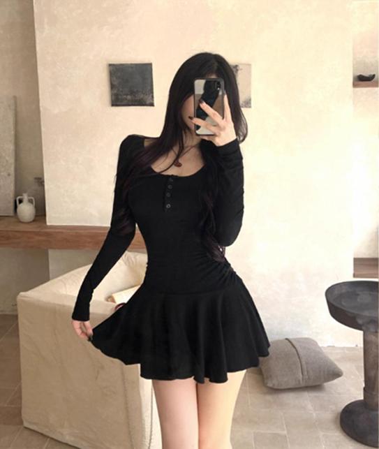 하이키티 [💖다음날 바로 배송💖] 여리 청순 플레어 미니원피스 골반 커버핏 러블리 촤르륵 봄가을겨울 원피스 긴팔원피스 플레어치마 A라인원피스 단추 프릴원피스 러블리룩