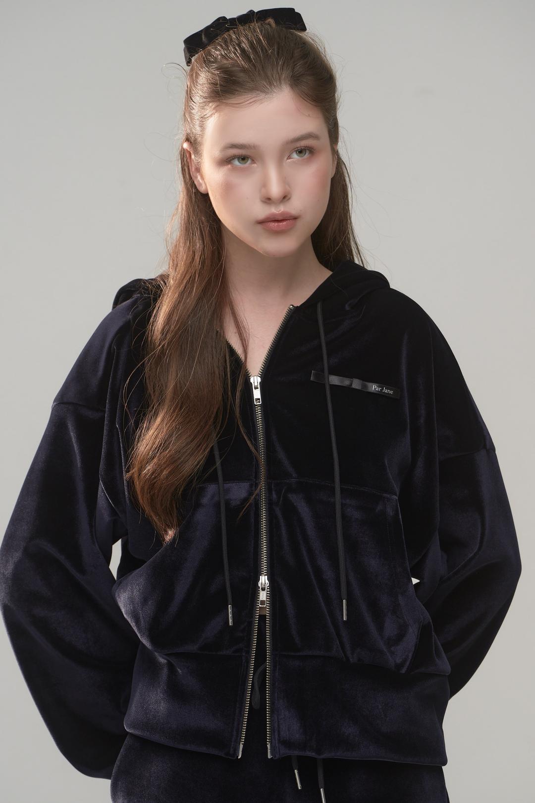 [2ND] Par Jane Ribbon Velvet Hood Zip-Up - NAVY BLACK