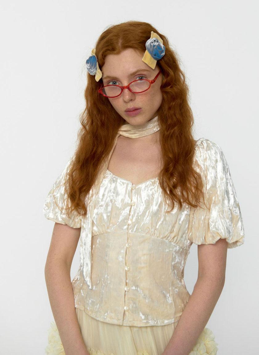 Velvet Tie Puff Blouse (Cream)