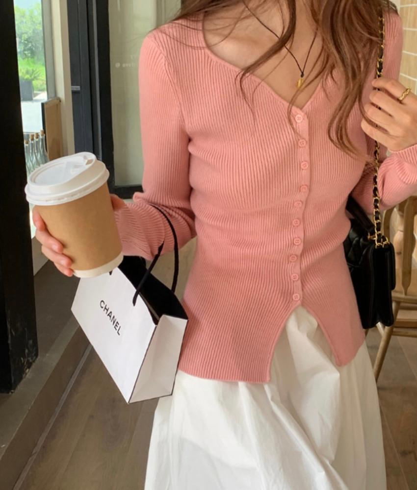 다비나 웨이브 물결 하트넥 여리 슬림핏 비스코스 골지 단추 버튼 니트 가디건