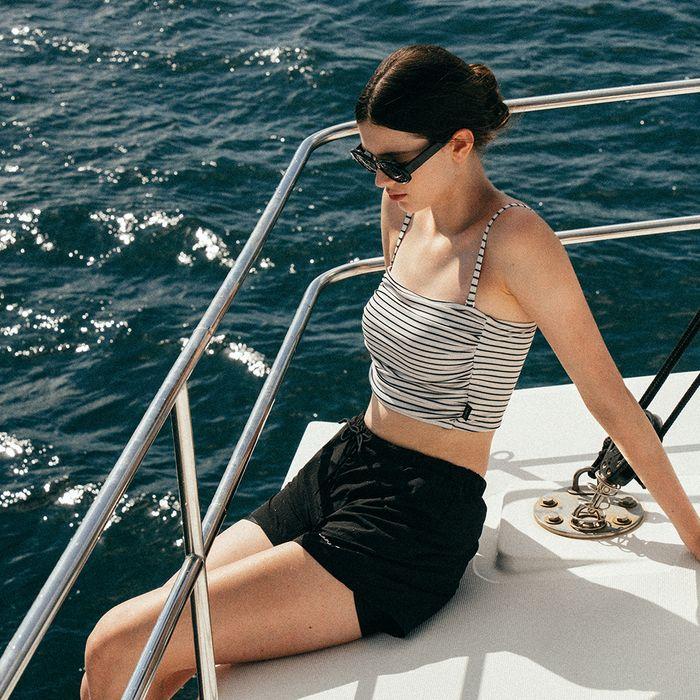 Stripe Shirring Swim Top[LMBESW245]-Cream