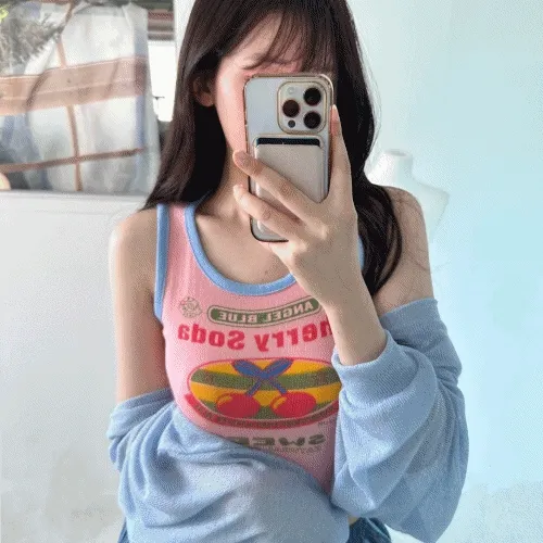 (핏보장) 키치키치 앵두 니트 배색 나시