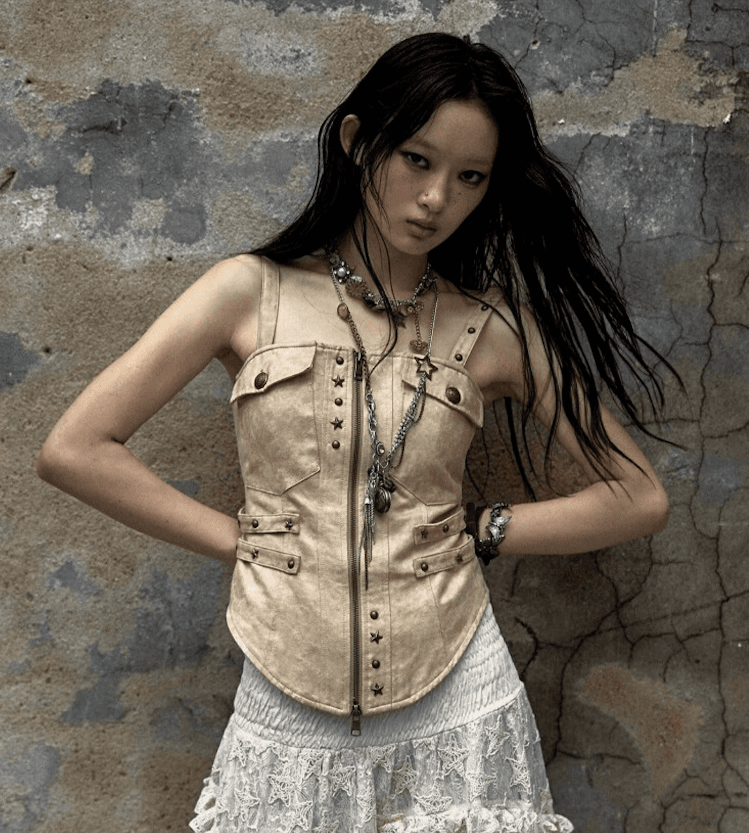 NO ROMANCE 노로맨스 라이더 펑크 스웨이드 뷔스티에 탑 나시