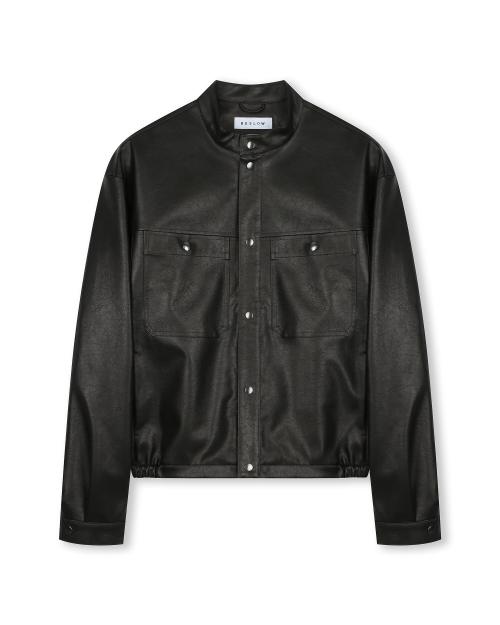 VEGAN LEATHER STAND COLLAR JACKET BLACK