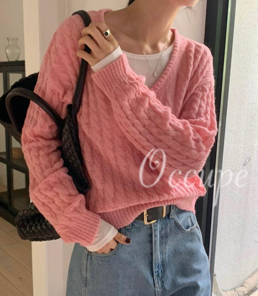 아잉 소프 브이넥 니트 (5col) areing 꽈배기니트