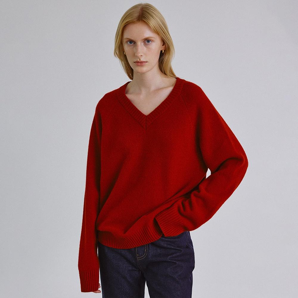 Cashmere reglan v neck knit_RED