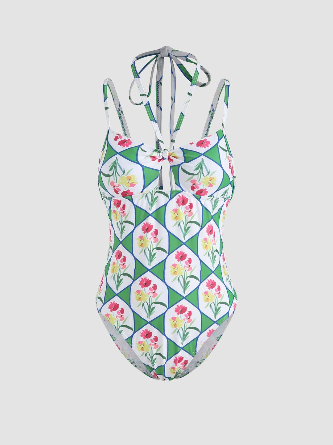 Argyle Floral Halter One Piece Swimsuit