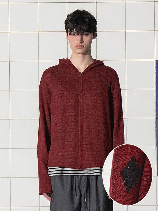 ARGYLE ELBOW KNIT ZIP-UP HOODIE / BURGUNDY