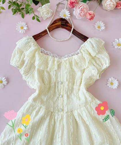 은색 하트단추 라이트 옐로우 원피스