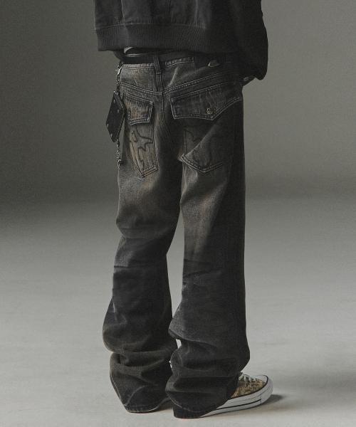 Symbol Stitch Low Rise Flare Fit Denim Pants - Black