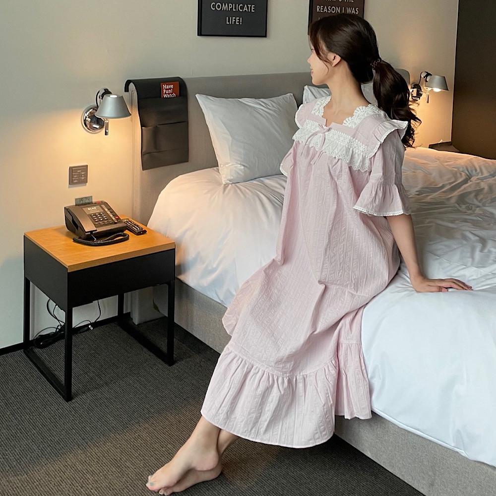 국내생산 고급홈웨어 순면 도비면 조이플 2color 스퀘어넥 레이스 프릴 반팔 원피스잠옷