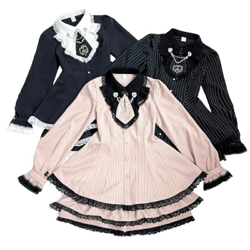 【楽天市場】ラッフルネクタイセットアップ1/8 13:00 販売スタートsecrethoney　シークレットハニー　シーハニ　量産型　レディース　ガーリー　長袖　無地　ストライプ　ピンク　ブラック　黒：Secret Honey