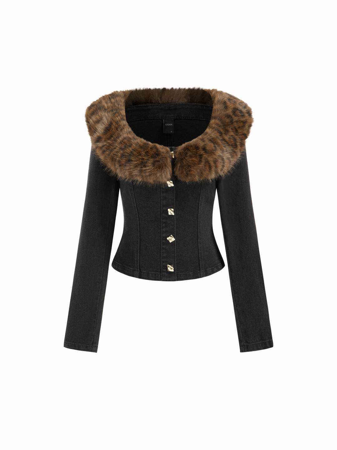 Stretch Denim Faux Fur Trim Scoop Neckline Long Sleeve Jacket