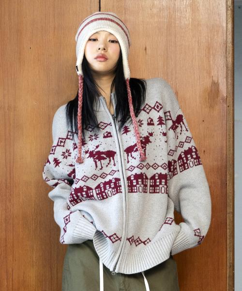 GNT071 케빈 노르딕 패턴 니트 집업 (GRAY)