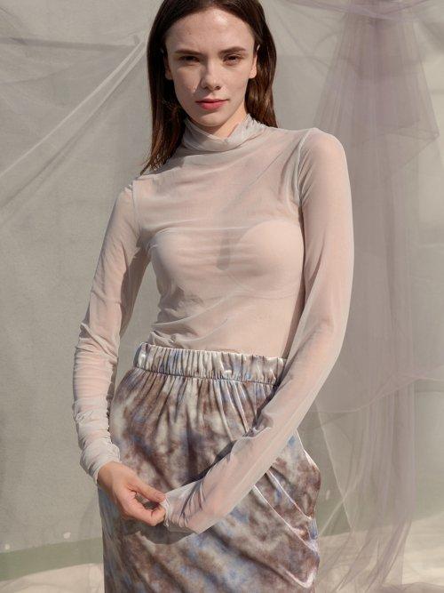 Sleeve Shirring See Through Turtlenect Top_Gray