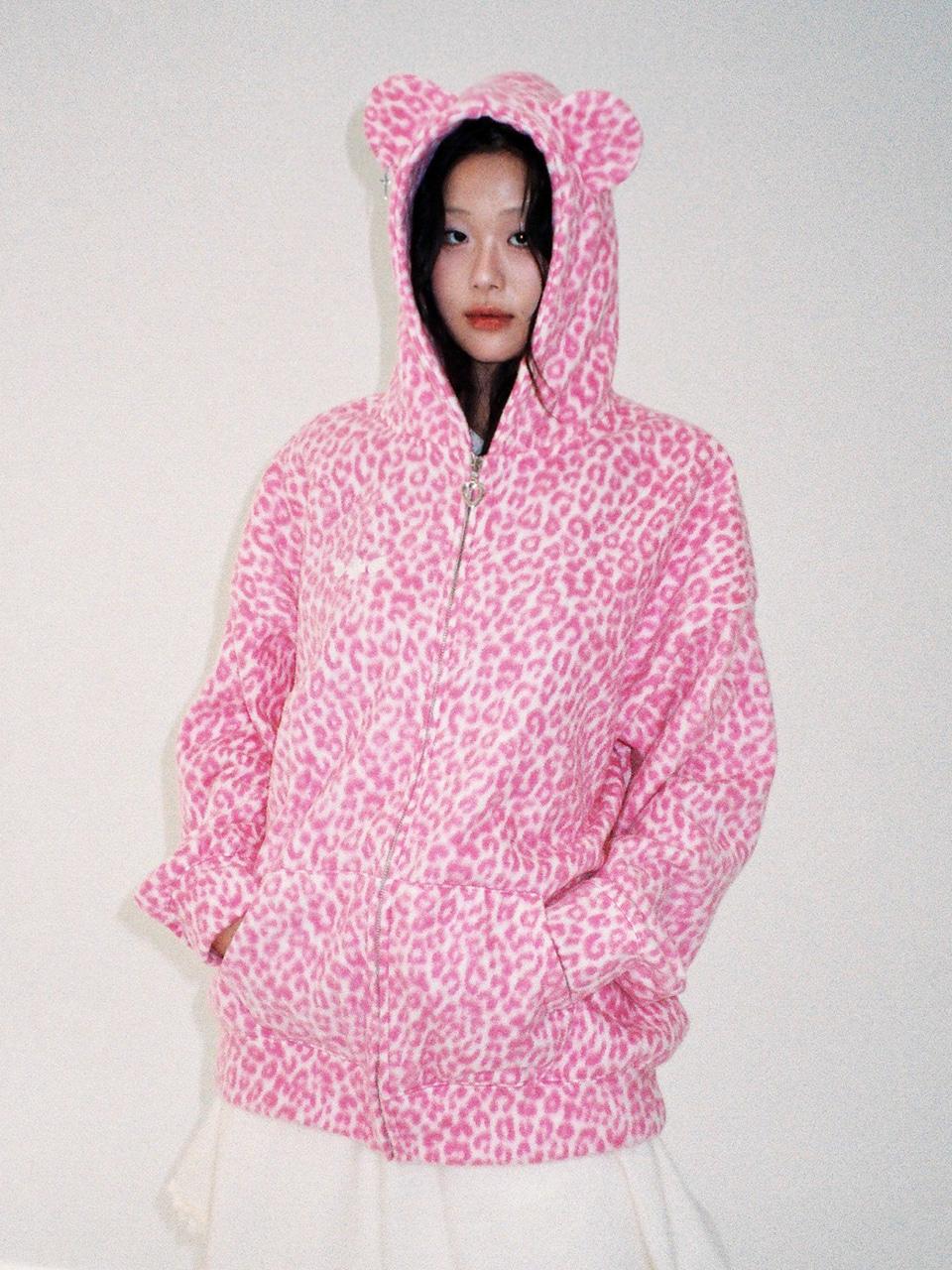 † Teddy Leopard Zip-Up Hoodie – PINK †