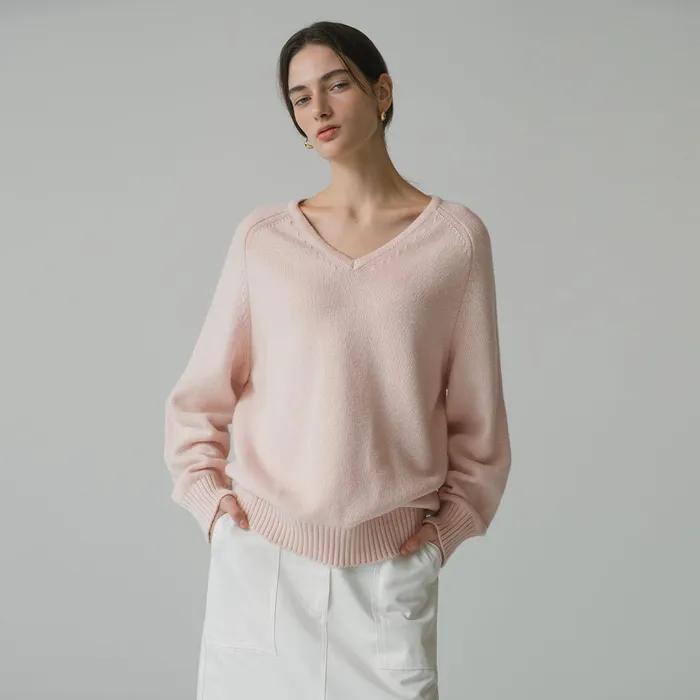 SIKN2156 울 블렌드 루즈 브이넥 니트_Light pink