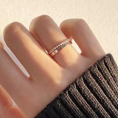 (무배/실버925) 14k 로즈골드 2종세트 플랫 & 큐빅 레이어드 반지 가드링