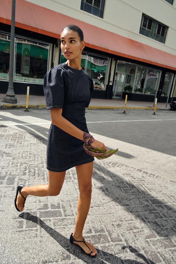 Z1975 벌룬 슬리브 미니 데님 원피스