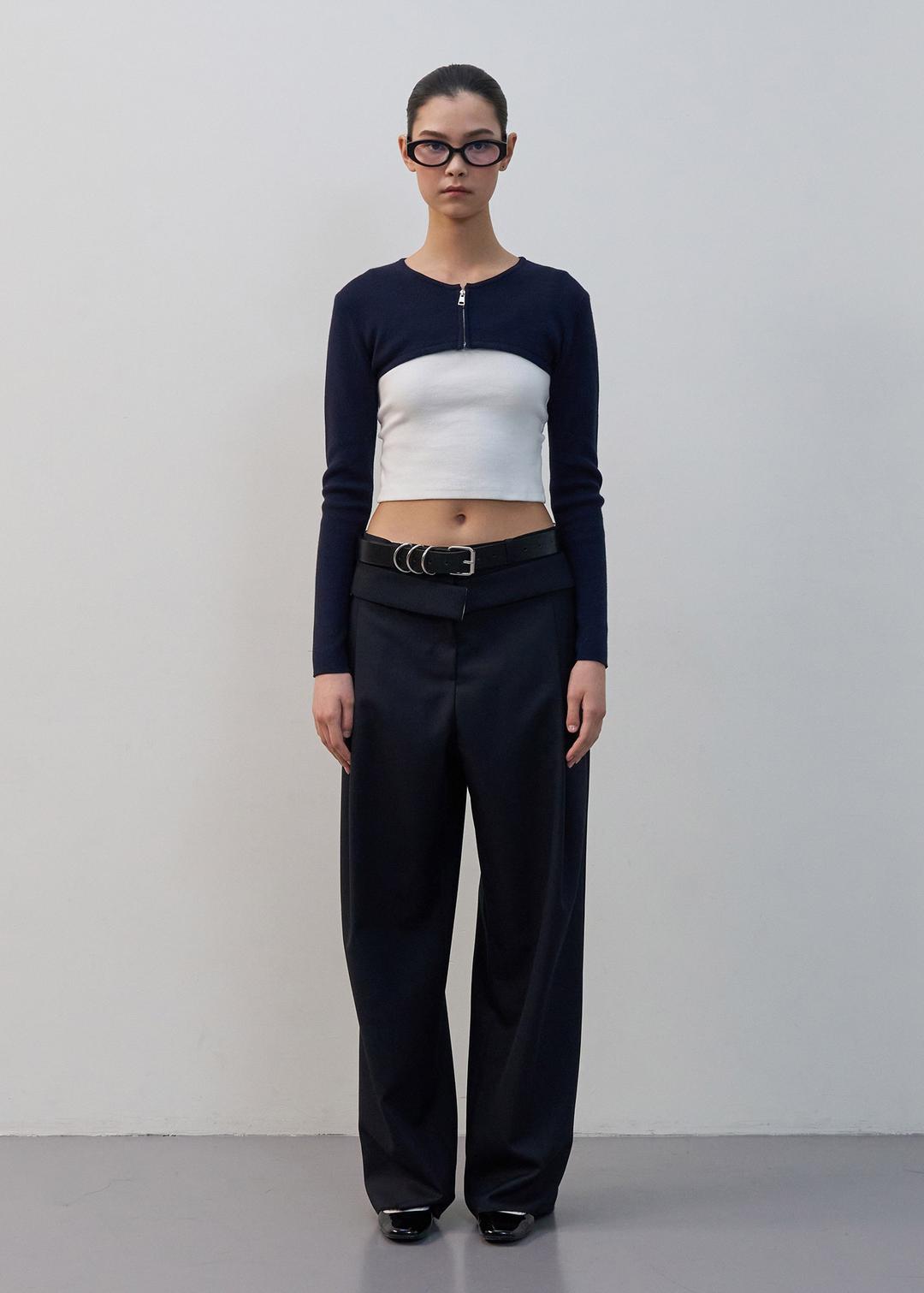 LAYERED WAIST DETAIL WIDE TROUSERS_SOLID (NAVY)