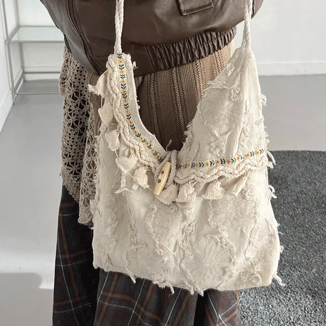 빈티지 패브릭 패치 여행 토트 숄더백