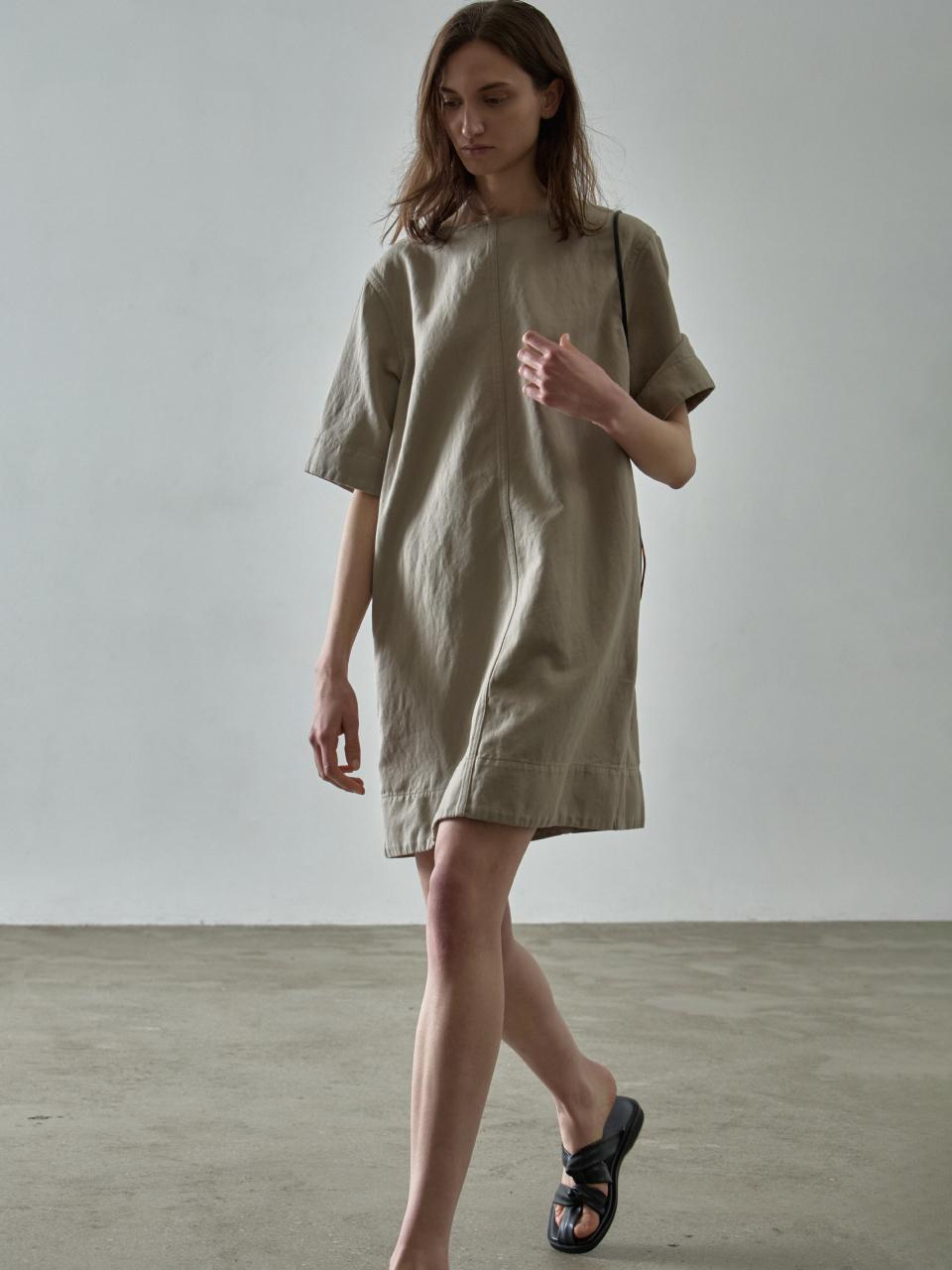 린넨 하프 슬리브 원피스_olive beige