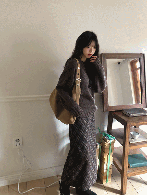 무드인슬로우 [겨울약기모/연말룩/크리스마스룩] 메이플 체크 롱스커트