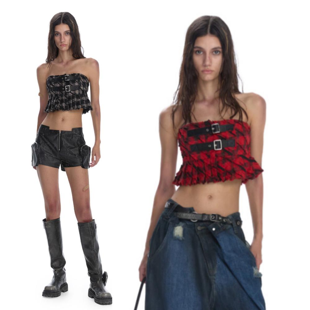 24ANS 체크 탱크탑 숏 크롭 튜브탑 상의