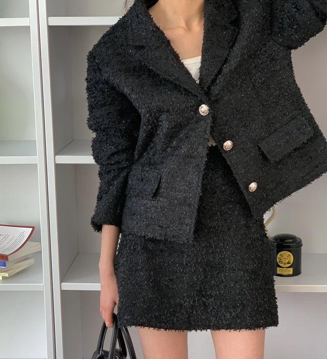 [세트] 트위드 자켓+스커트 3colors 숏 A라인 카라 미니 투피스 하객룩 gltset B