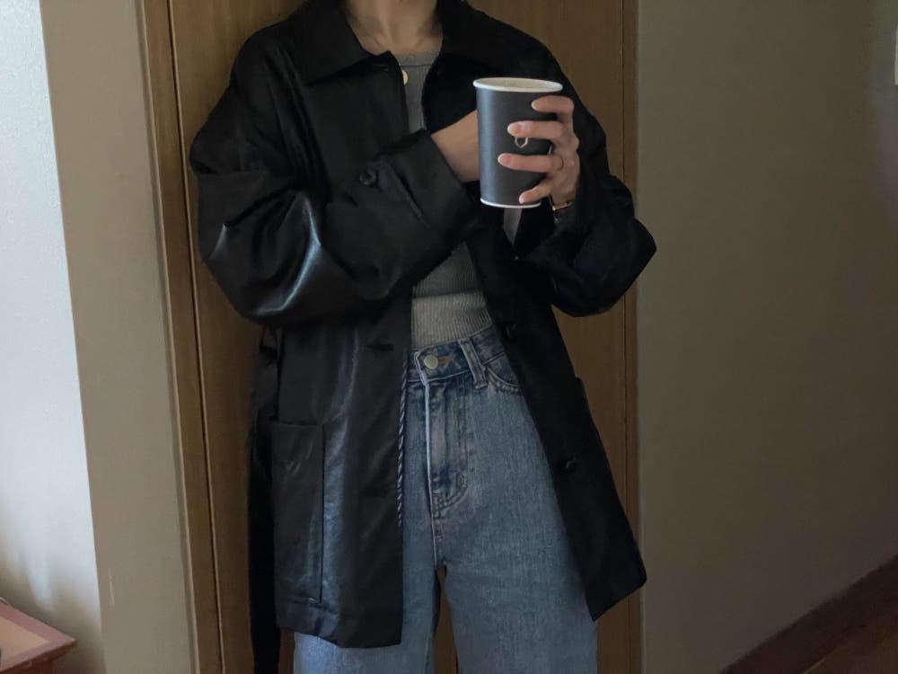 페미닌 하프 벨트 레더자켓 / 르메인  2col