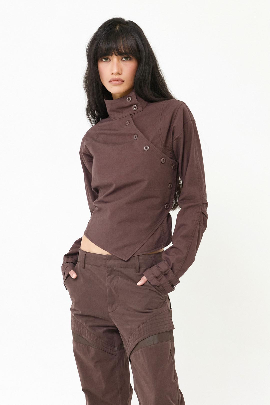 ASYMMETRIC BUTTON HIGH-NECK SHIRT BURGUNDY