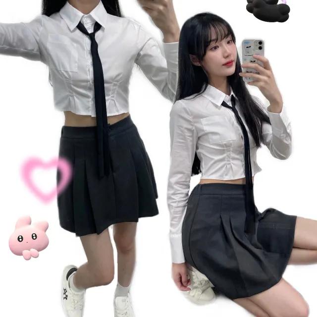 [미니멀,프레피룩] 핀턱 크롭 스판 셔츠(2color)