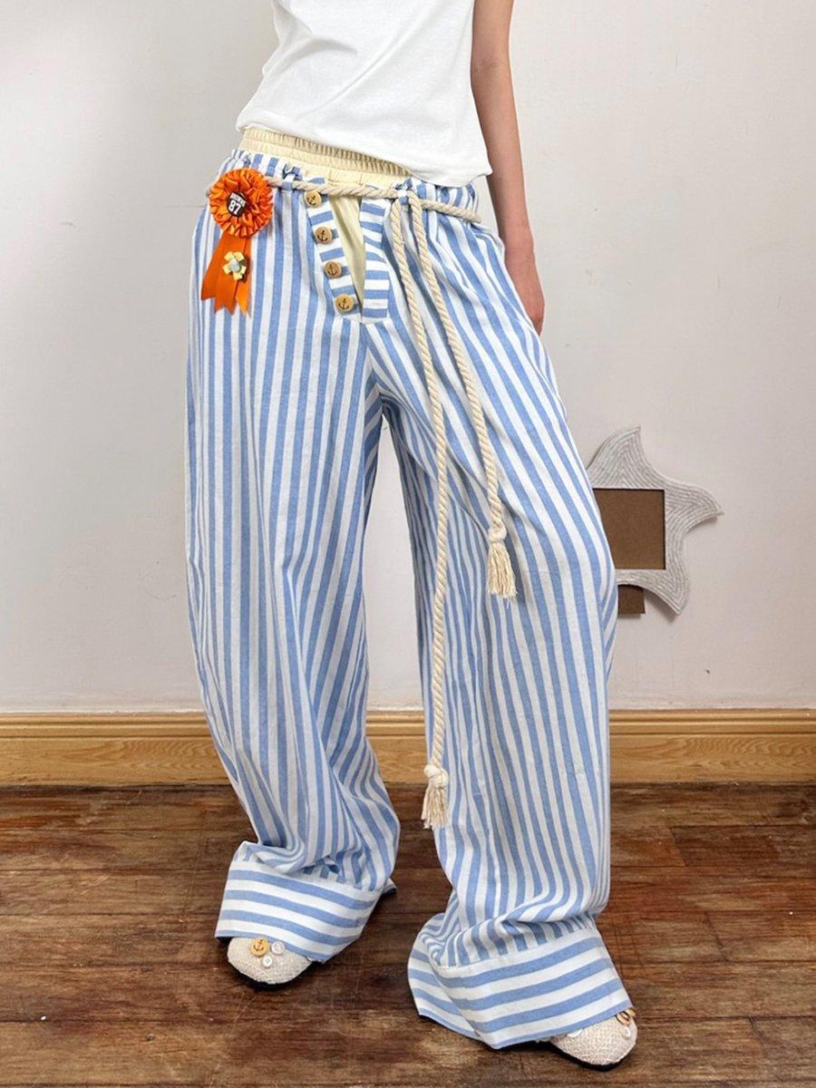 Double waistband summer striped pants