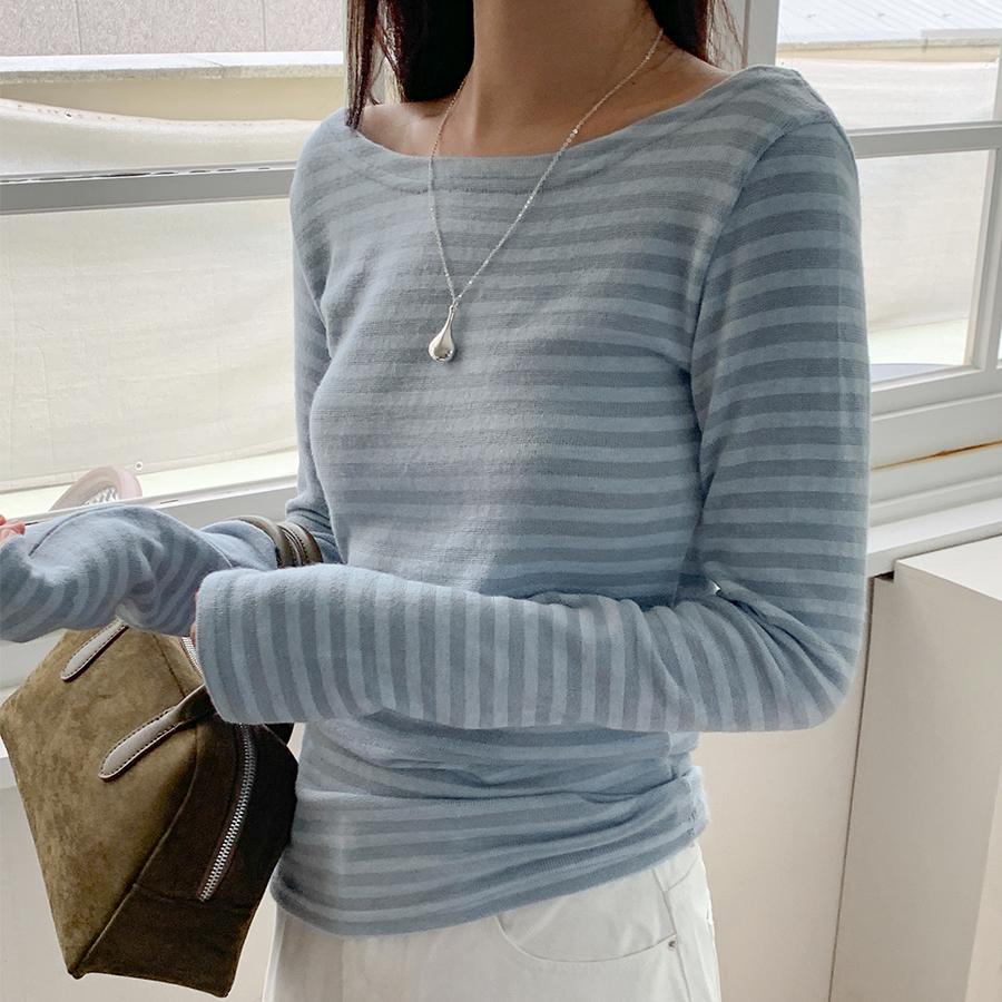 아더먼데이 [U넥💗단가라] 웨이브단가라 유넥 긴팔티셔츠 스판티셔츠 봄신상 봄티셔츠 봄하객룩 스트라이프 패턴긴팔 포인트티셔츠 슬림핏티셔츠 배색긴팔티셔츠