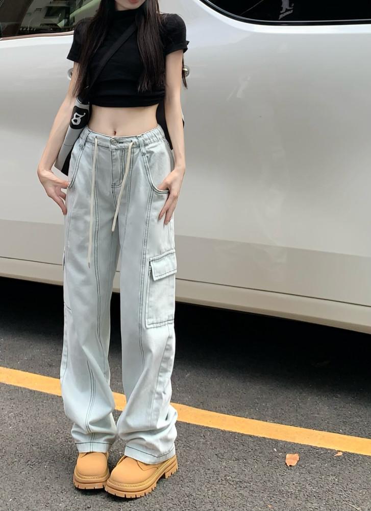 아이스 워싱 카고 와이드 데님 팬츠