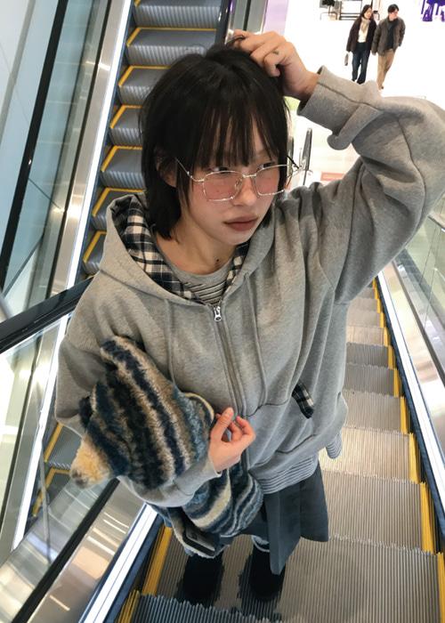 애디 체크 기모 후드집업