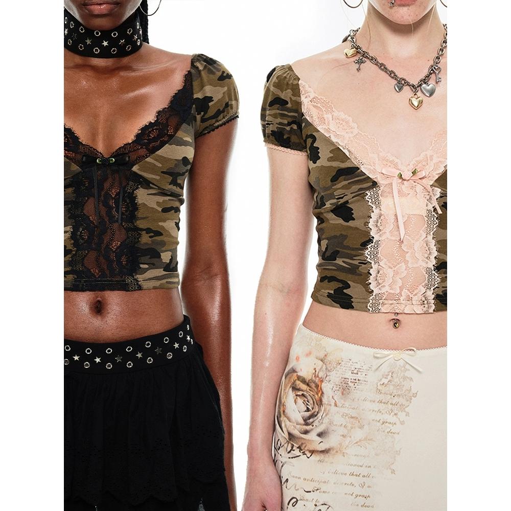 1JINN STUDIO 원진스튜디오 시스루 레이스 브이넥 반팔 퍼프소매 리본 메쉬 카모플라쥬