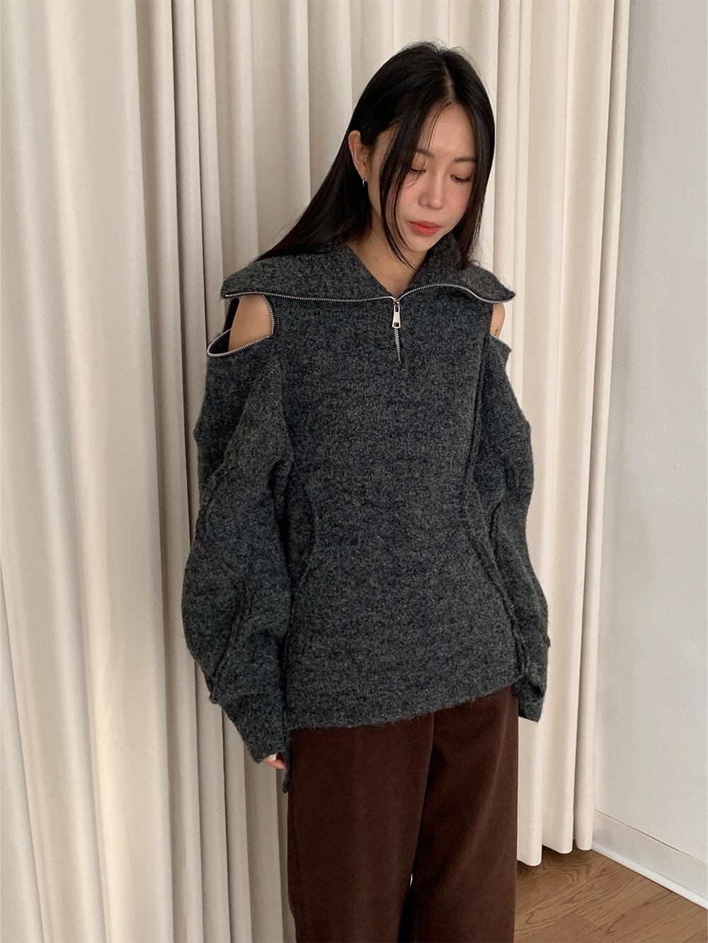 지퍼 트임 브러쉬 니트 하이넥 롱 반집업 카라 니트