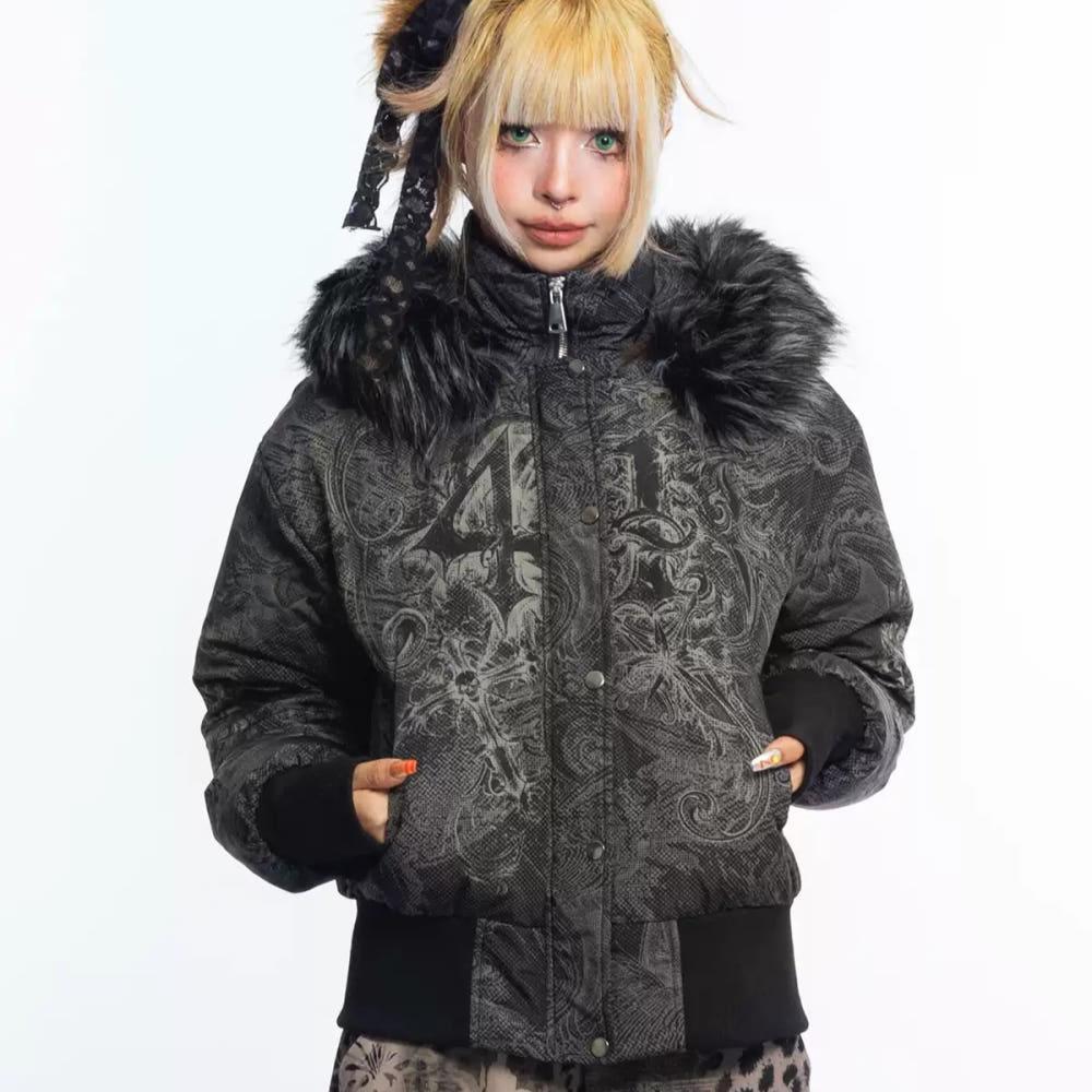 4RE1GN 다운패딩 레트로 고딕 패턴 프린팅 오리털 퍼후드 점퍼