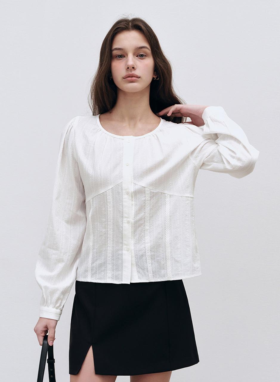 볼륨 코튼 레이스 블라우스 - 아이보리