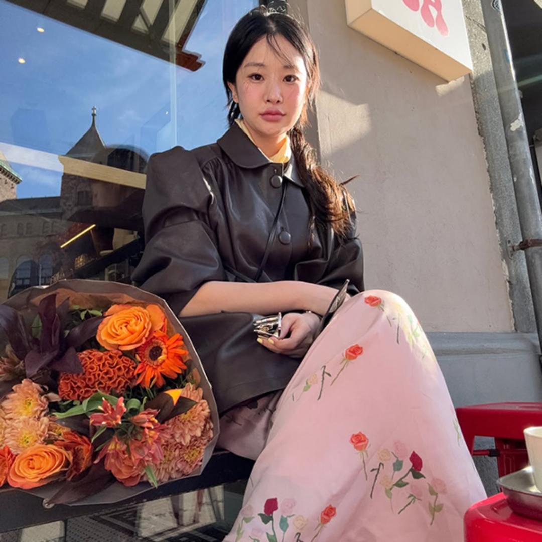 Shirring Leather Jacket (Brown) & Sinoon Texture Flower Skirt (Pink)